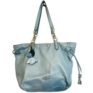 Coach L Blue Leather Tote Shoulder Bag Purse Chain Strap Floral Charm Tassels